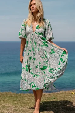 - Eve Midi Dress: V Neck Tiered Dress with Option Waist Tie in Kashira Print>Jaase Online