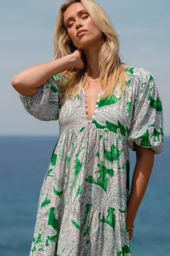 - Eve Midi Dress: V Neck Tiered Dress with Option Waist Tie in Kashira Print>Jaase Online