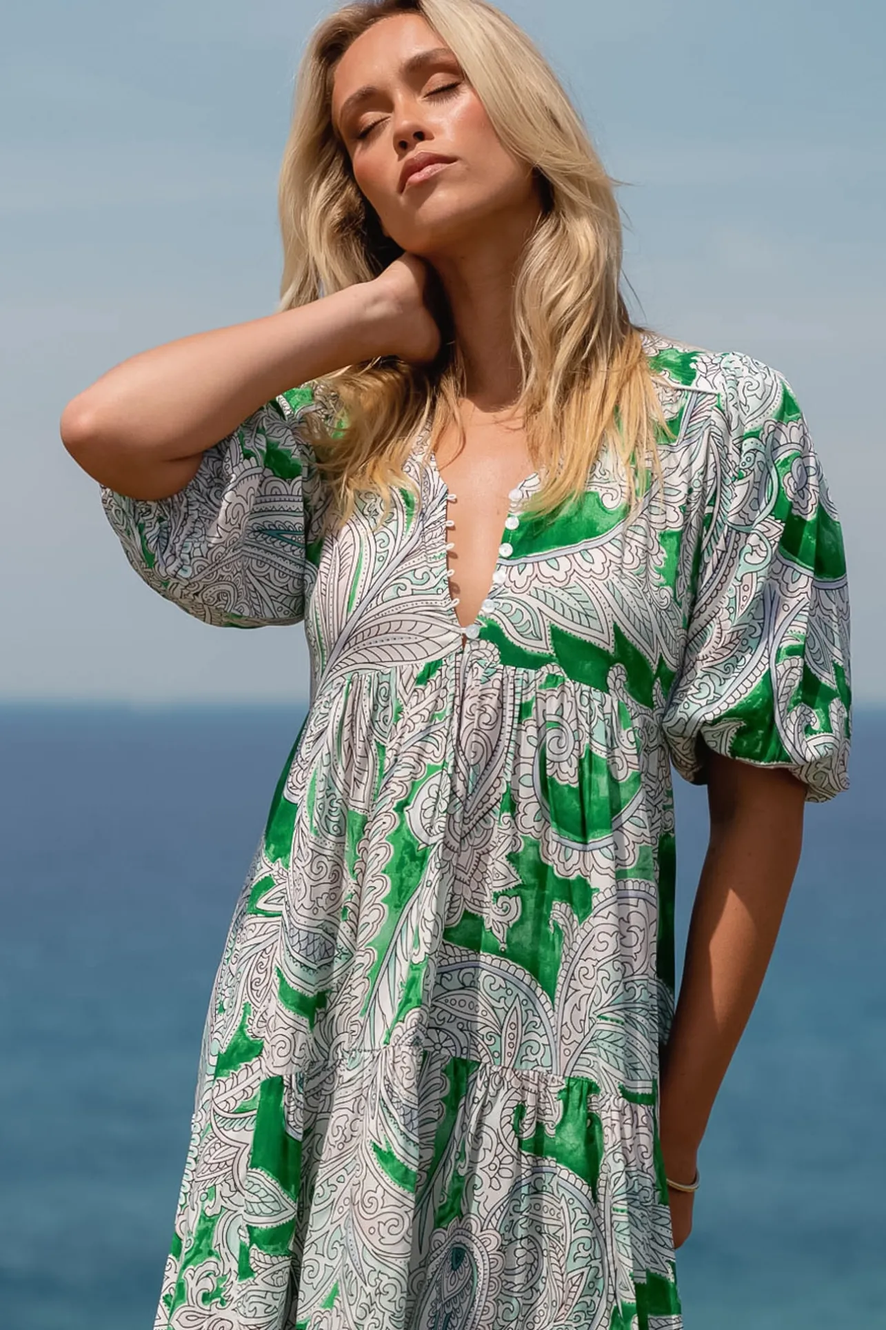 - Eve Midi Dress: V Neck Tiered Dress with Option Waist Tie in Kashira Print>Jaase Online