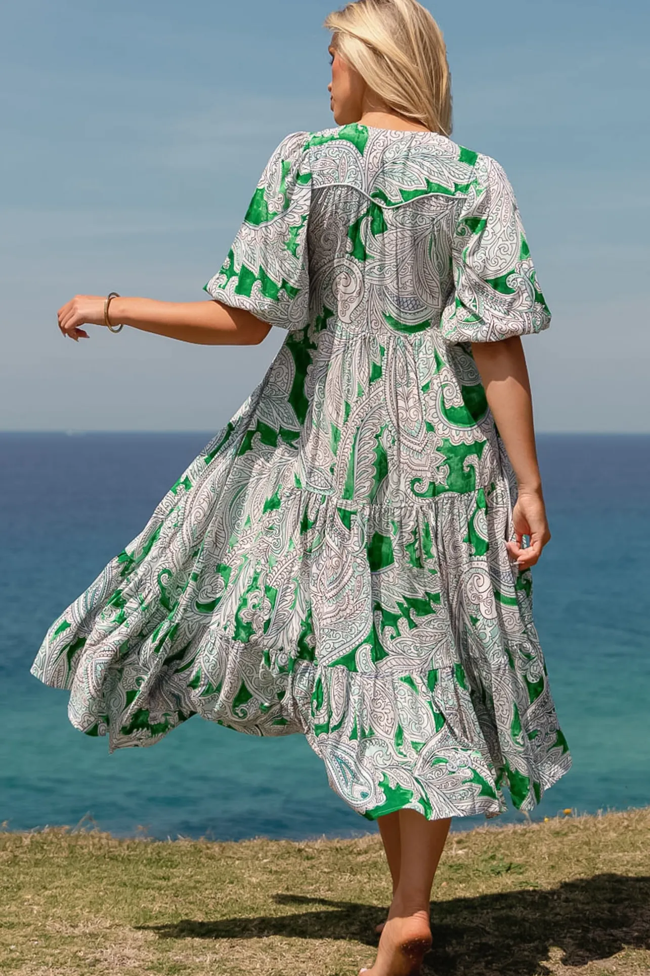 - Eve Midi Dress: V Neck Tiered Dress with Option Waist Tie in Kashira Print>Jaase Online