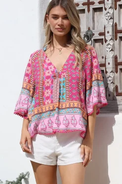 - Gabriella Top: Mandarin Collar Deep V Neck Crochet Trim Top in Cedella Print>Jaase Clearance