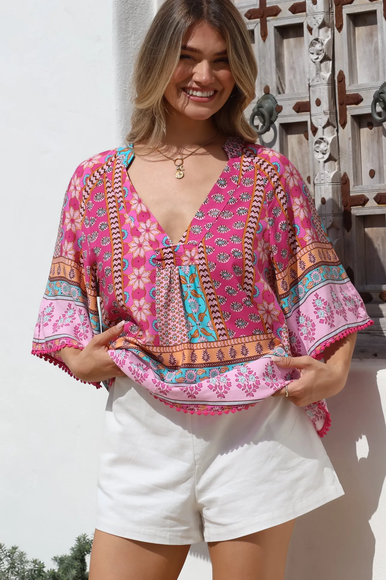 - Gabriella Top: Mandarin Collar Deep V Neck Crochet Trim Top in Cedella Print>Jaase Clearance
