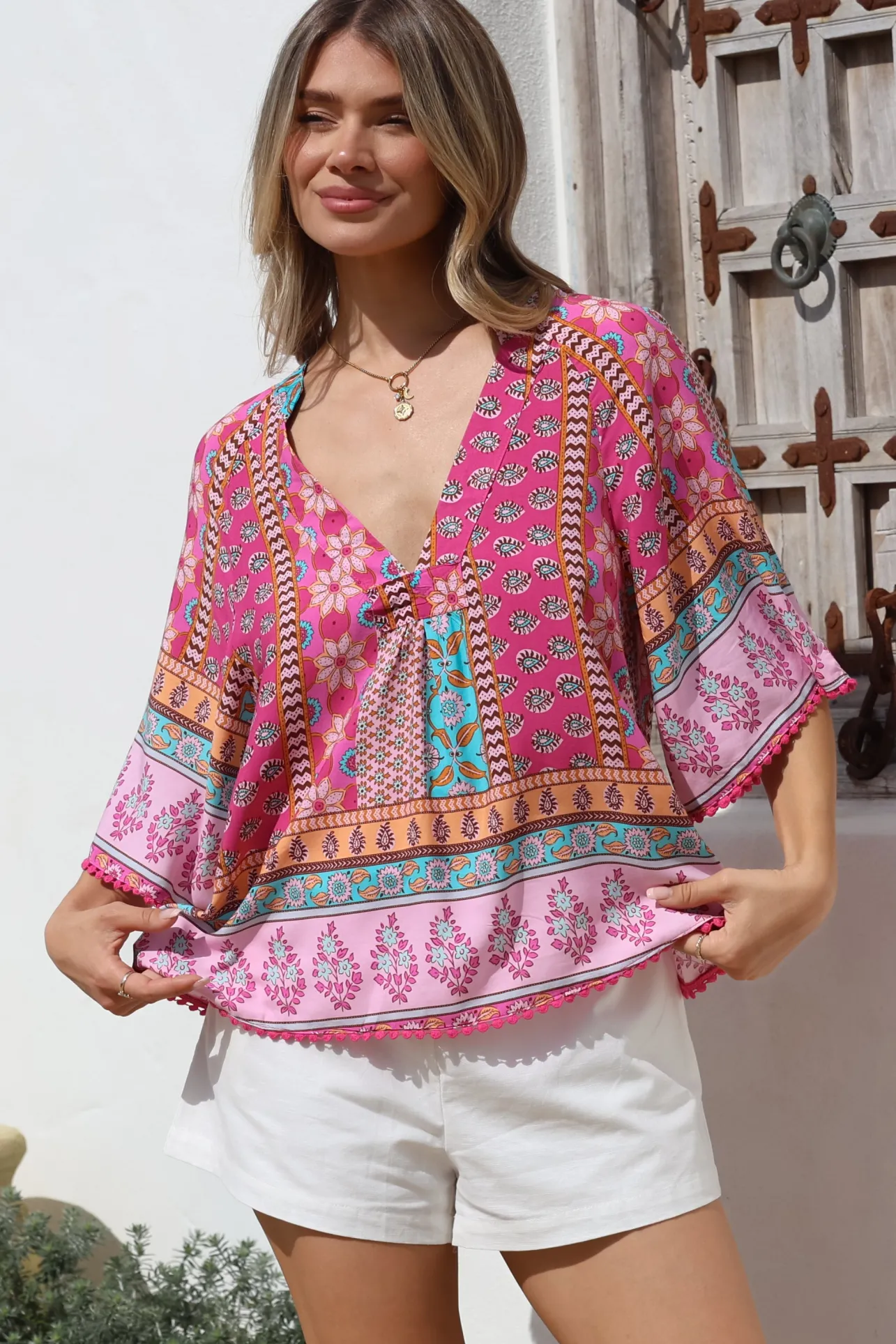 - Gabriella Top: Mandarin Collar Deep V Neck Crochet Trim Top in Cedella Print>Jaase Clearance