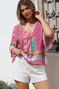 - Gabriella Top: Mandarin Collar Deep V Neck Crochet Trim Top in Cedella Print><noscript><img width=