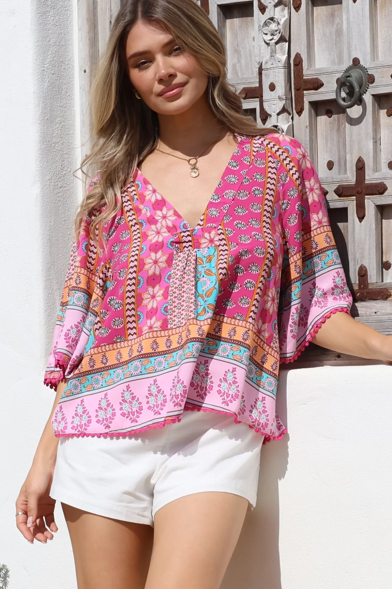- Gabriella Top: Mandarin Collar Deep V Neck Crochet Trim Top in Cedella Print>Jaase Clearance