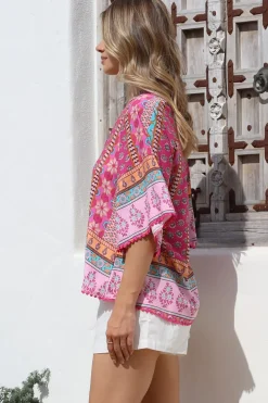 - Gabriella Top: Mandarin Collar Deep V Neck Crochet Trim Top in Cedella Print><noscript><img width=
