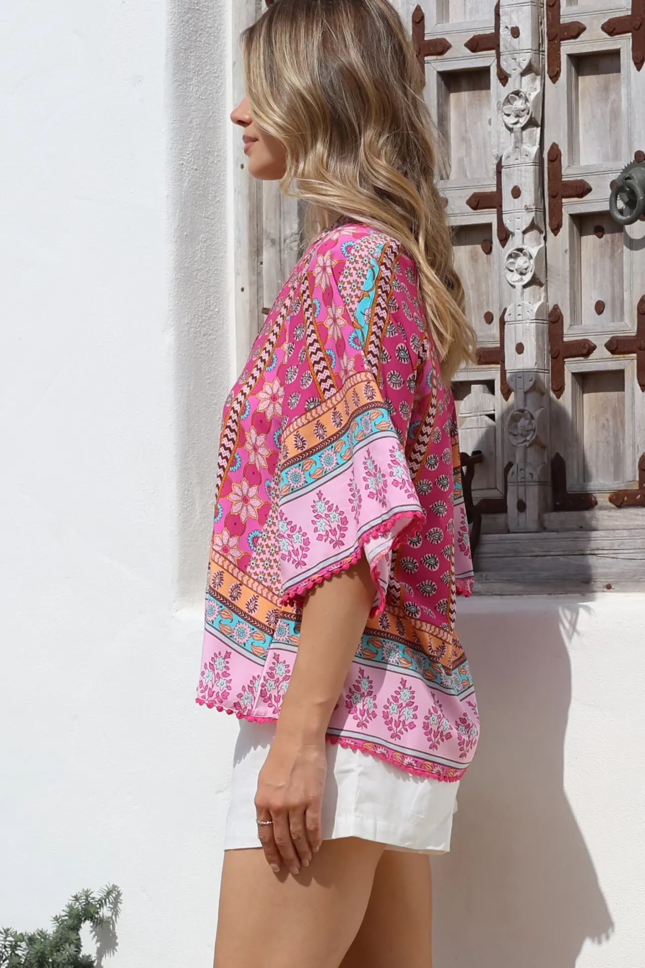 - Gabriella Top: Mandarin Collar Deep V Neck Crochet Trim Top in Cedella Print>Jaase Clearance