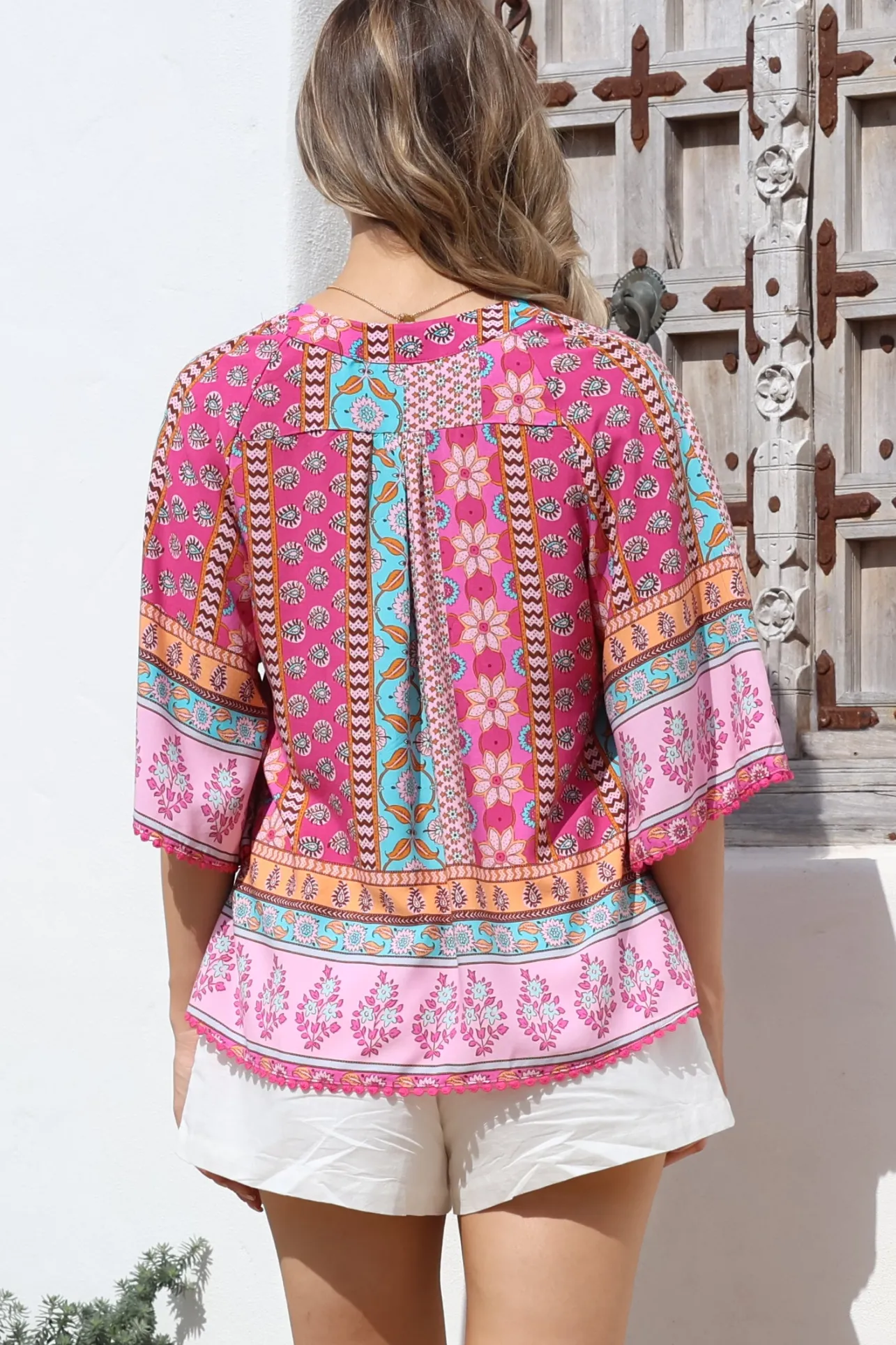 - Gabriella Top: Mandarin Collar Deep V Neck Crochet Trim Top in Cedella Print>Jaase Clearance