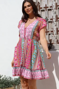 - Lizzie Mini Dress: Butterfly Cap Sleeve Button Down Dress with Pockets in Cedella Print><noscript><img width=