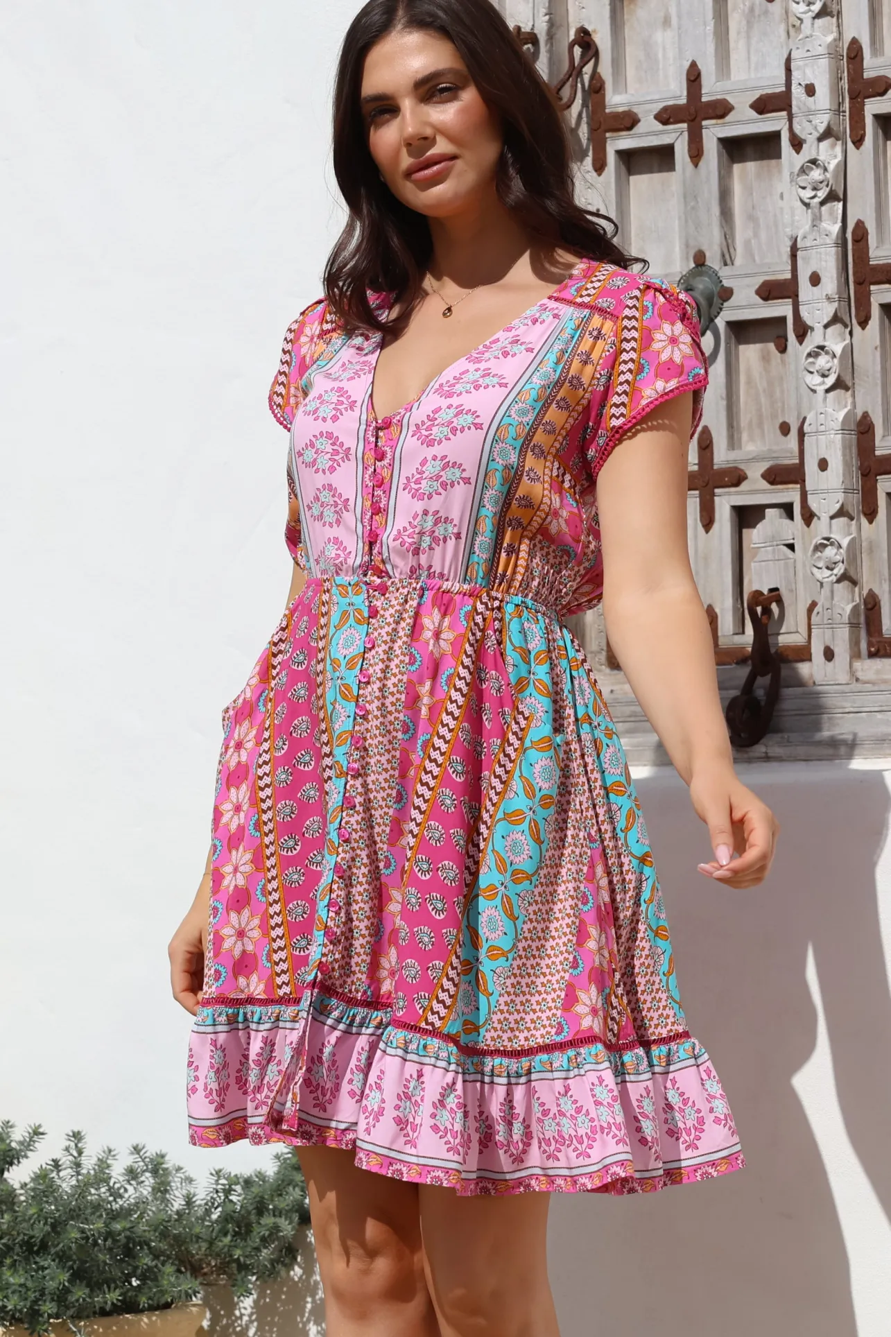 - Lizzie Mini Dress: Butterfly Cap Sleeve Button Down Dress with Pockets in Cedella Print>Jaase Hot