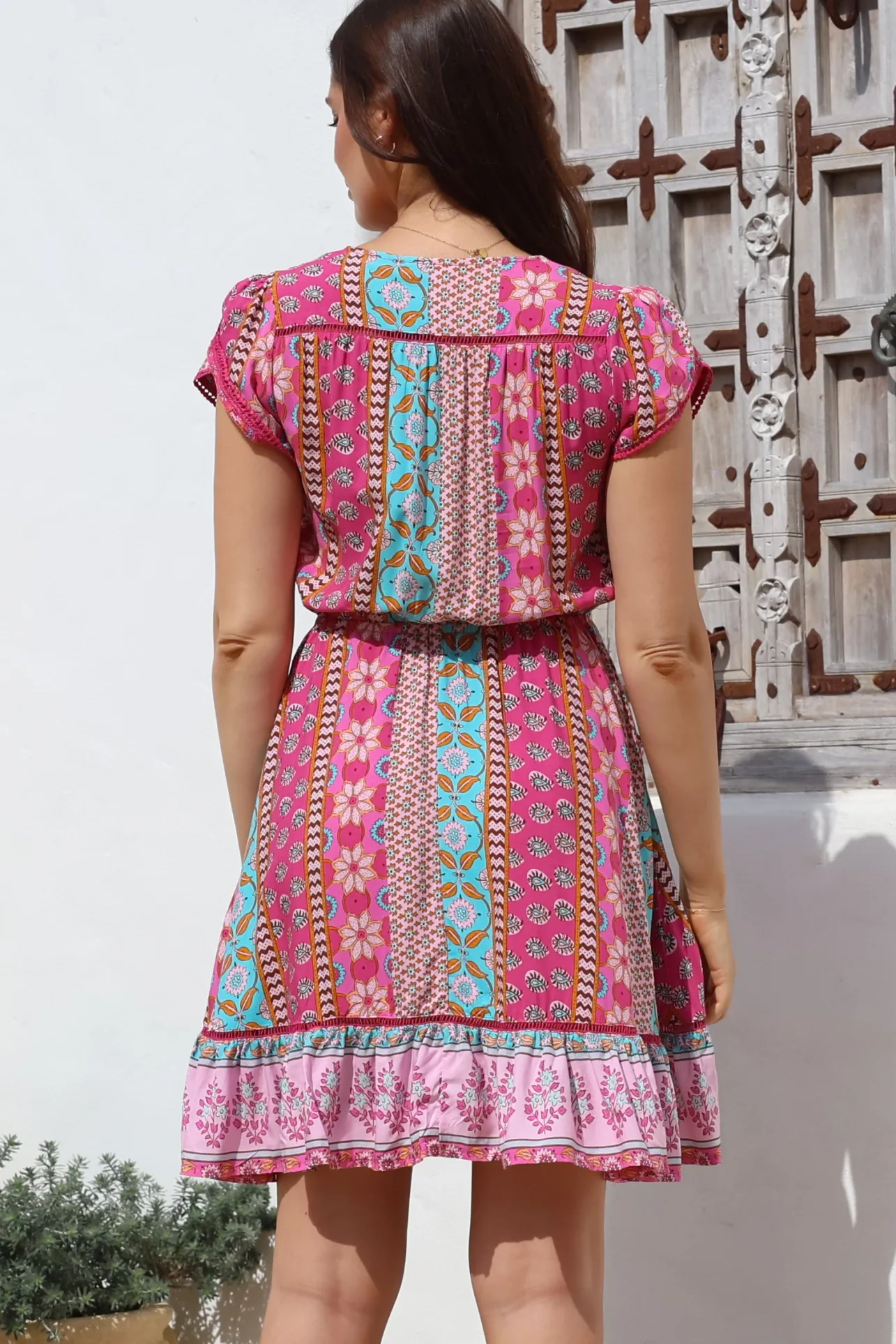 - Lizzie Mini Dress: Butterfly Cap Sleeve Button Down Dress with Pockets in Cedella Print>Jaase Hot