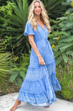 - Lolana Maxi Dress: V-Neck Tiered Dress with Pull Tie Waist in Azure Sky Print><noscript><img width=