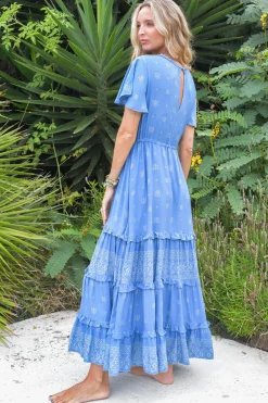- Lolana Maxi Dress: V-Neck Tiered Dress with Pull Tie Waist in Azure Sky Print><noscript><img width=