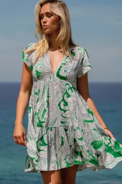 - Reese Mini Dress: Cap Sleeve Tiered Babydoll Dress in Kashira Print>Jaase Best