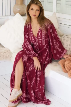 - Teresa Maxi Dress: A Line Dress with Long Balloon Sleeves in Rhubarb Kiva Print>Jaase Online