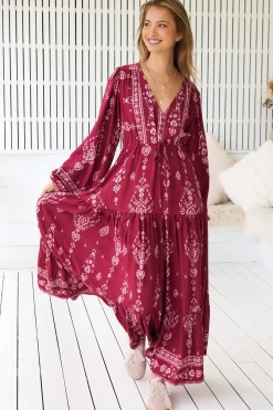 - Teresa Maxi Dress: A Line Dress with Long Balloon Sleeves in Rhubarb Kiva Print><noscript><img width=