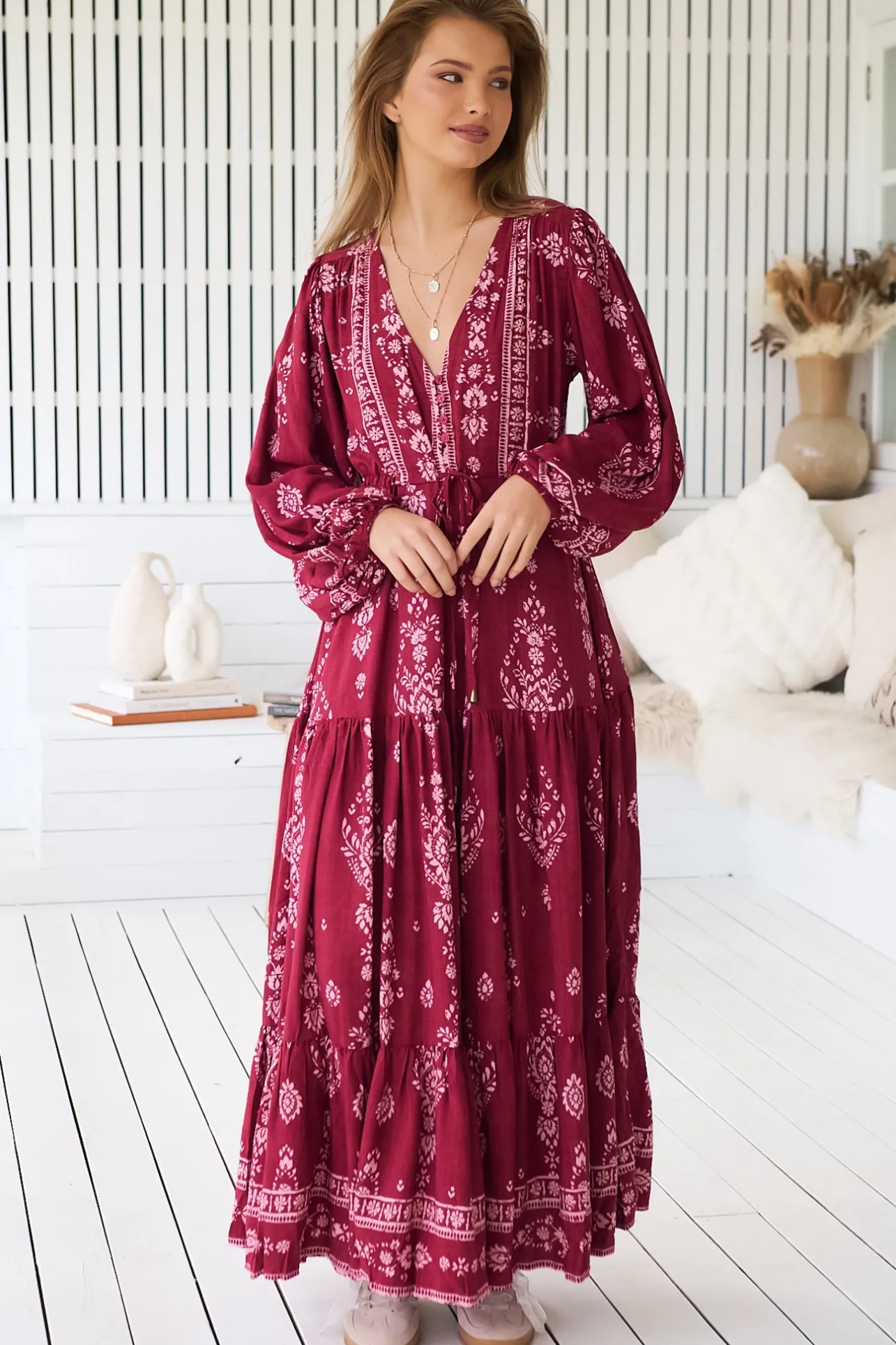 - Teresa Maxi Dress: A Line Dress with Long Balloon Sleeves in Rhubarb Kiva Print>Jaase Online