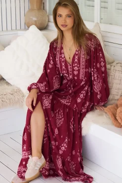 - Teresa Maxi Dress: A Line Dress with Long Balloon Sleeves in Rhubarb Kiva Print><noscript><img width=