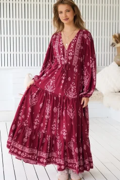 - Teresa Maxi Dress: A Line Dress with Long Balloon Sleeves in Rhubarb Kiva Print><noscript><img width=