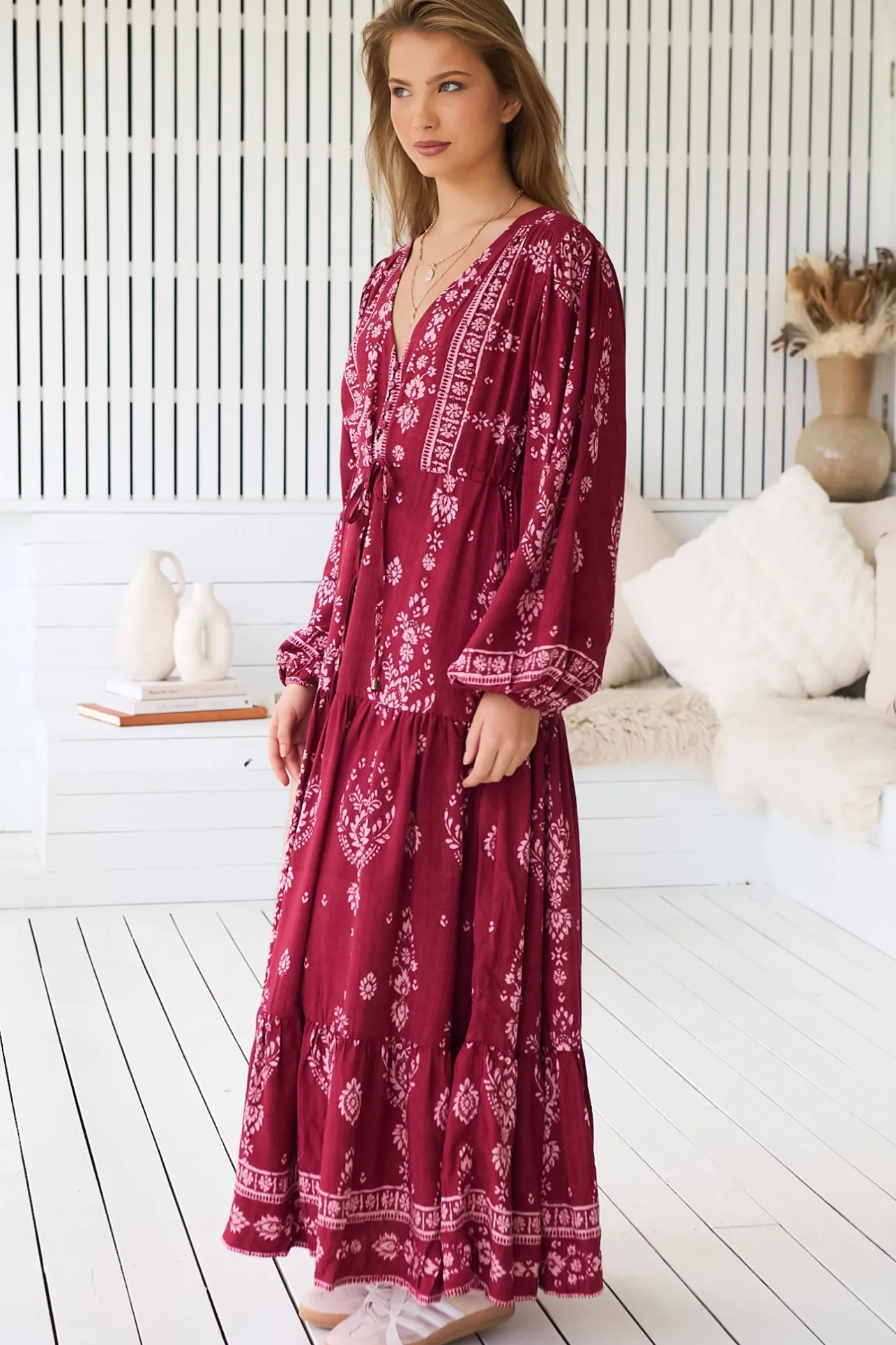 - Teresa Maxi Dress: A Line Dress with Long Balloon Sleeves in Rhubarb Kiva Print>Jaase Online
