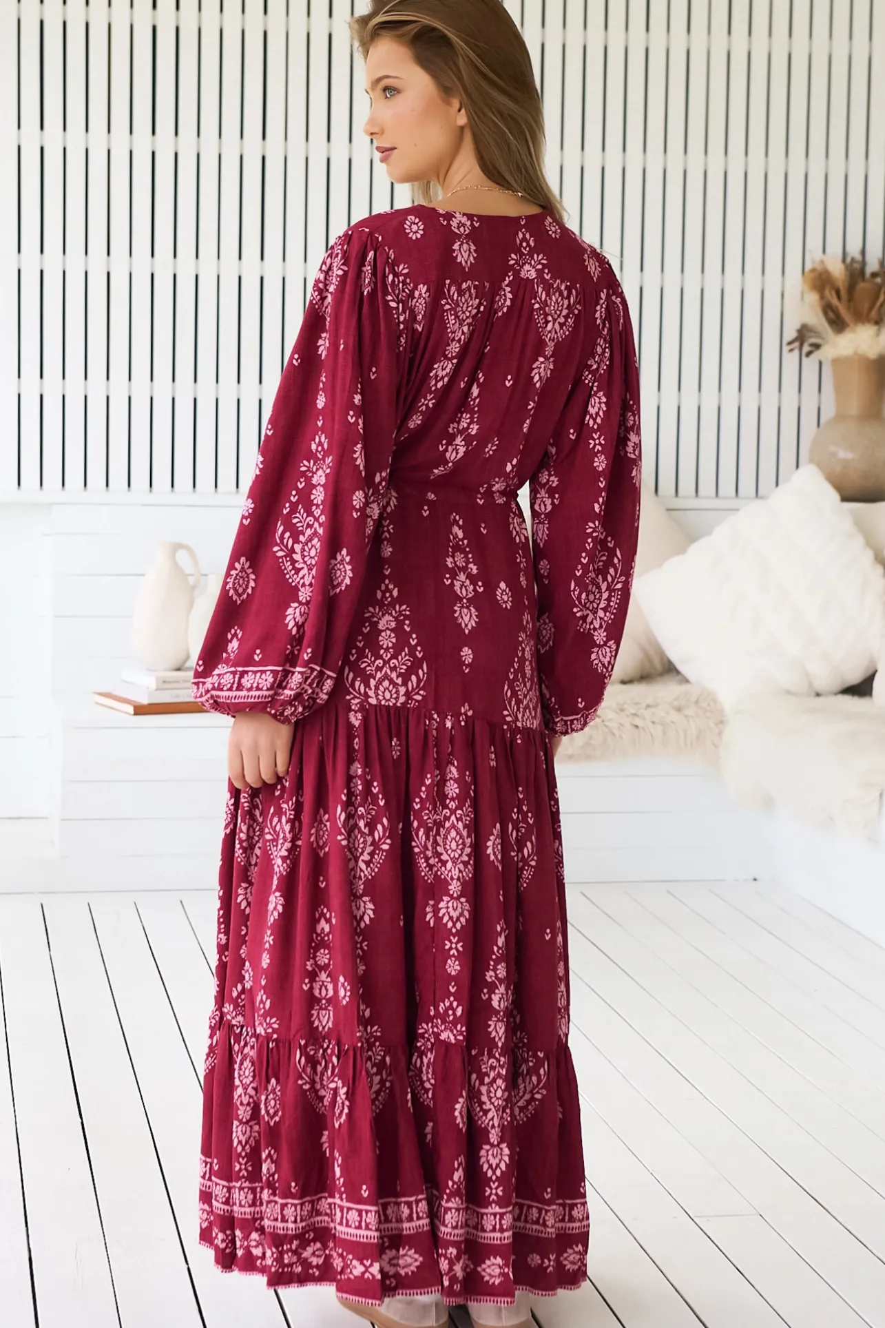 - Teresa Maxi Dress: A Line Dress with Long Balloon Sleeves in Rhubarb Kiva Print>Jaase Online
