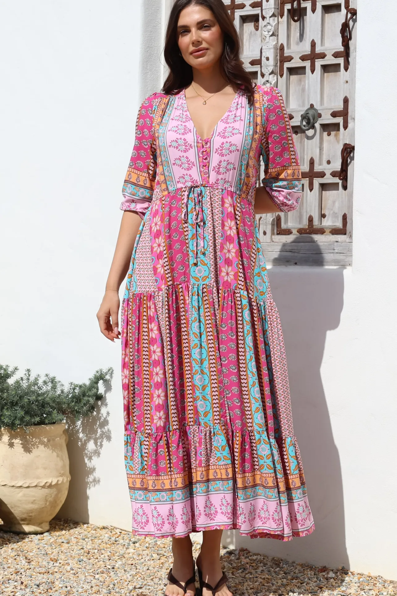 JAASE - Tessa Maxi Dress: A Line Pull Tie Waist Dress in Cedella Print>Salty Crush Best