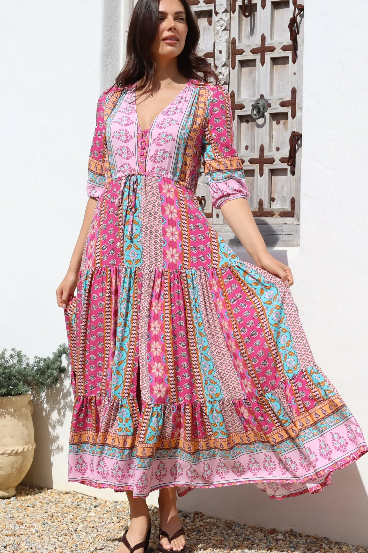 JAASE - Tessa Maxi Dress: A Line Pull Tie Waist Dress in Cedella Print>Salty Crush Best
