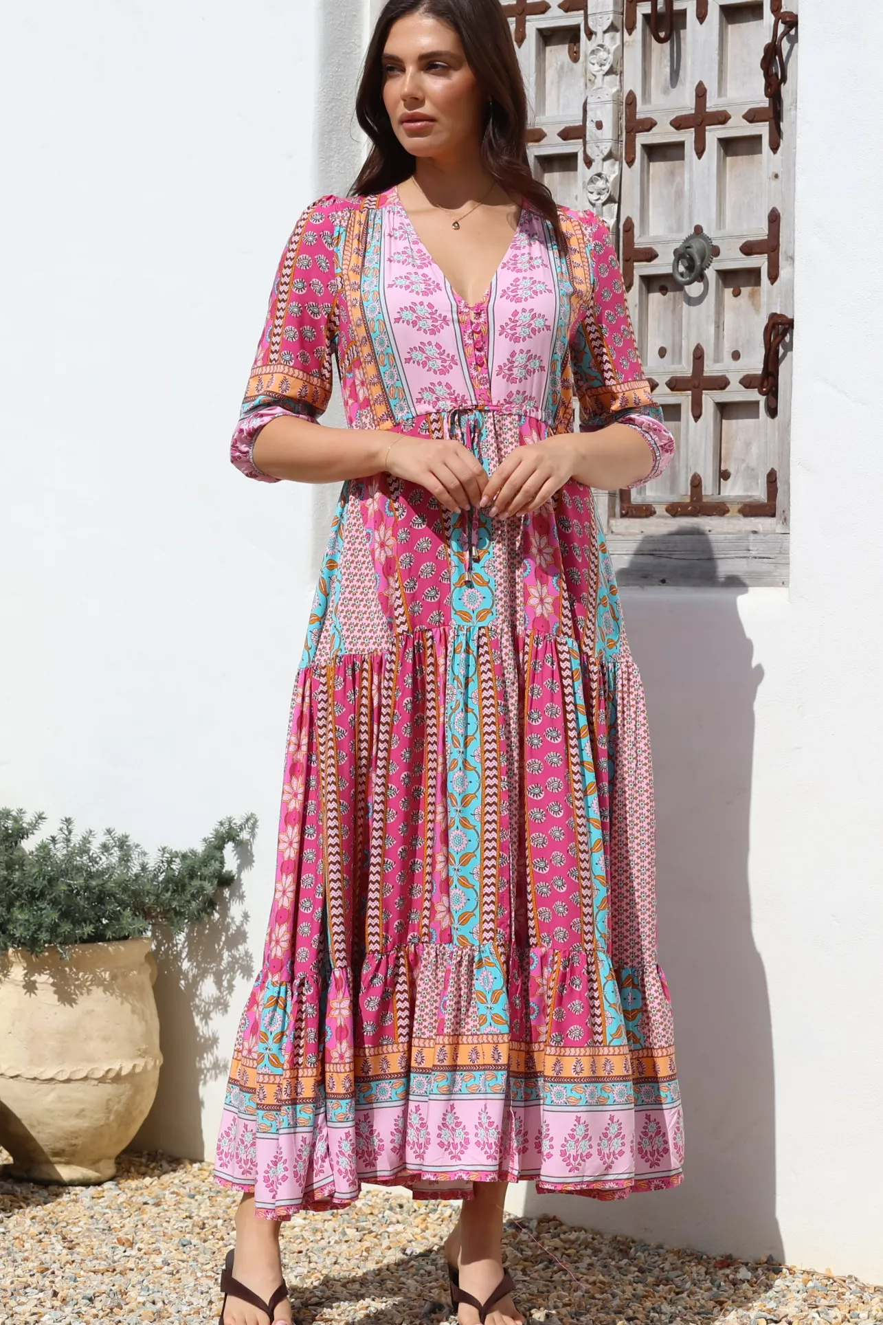 JAASE - Tessa Maxi Dress: A Line Pull Tie Waist Dress in Cedella Print>Salty Crush Best
