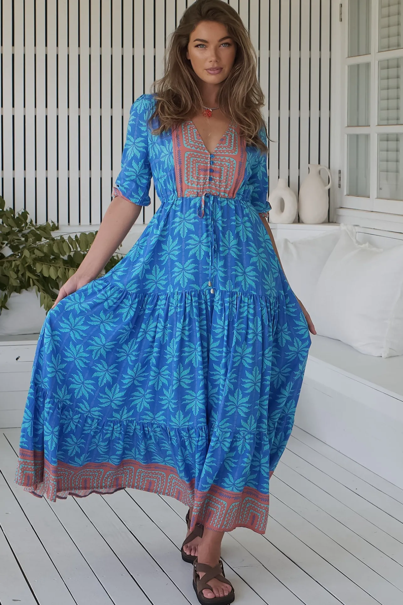 - Tessa Maxi Dress: A Line Pull Tie Waist Dress in Take Me On Vacay Print>Jaase Best