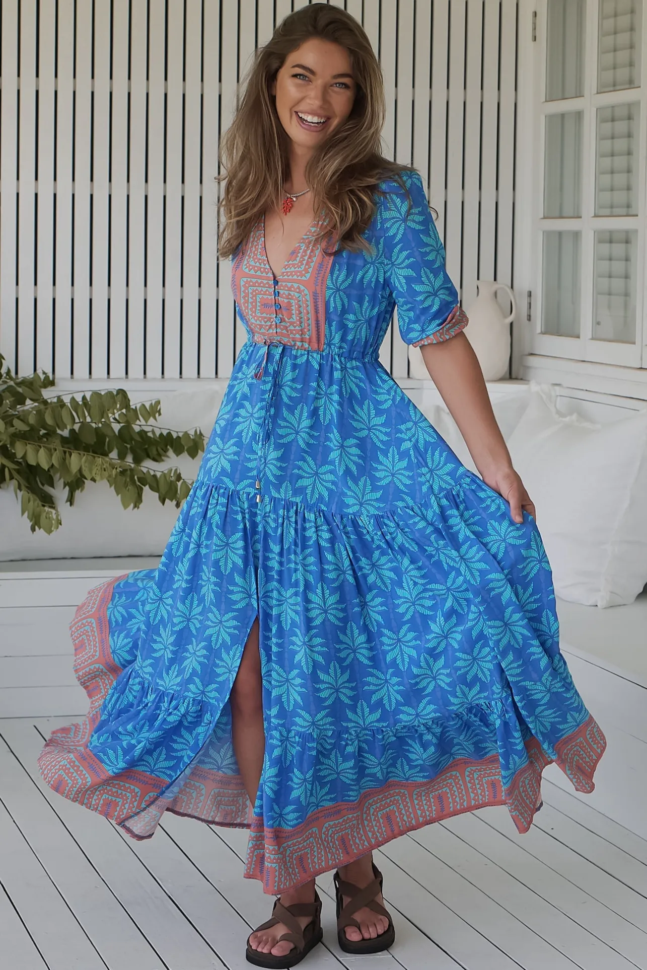 - Tessa Maxi Dress: A Line Pull Tie Waist Dress in Take Me On Vacay Print>Jaase Best