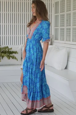- Tessa Maxi Dress: A Line Pull Tie Waist Dress in Take Me On Vacay Print><noscript><img width=