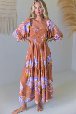 - Tulli Midi Dress: Shirred Bodice Balloon Sleeve Midi in Amara Bloom Print>Jaase Hot