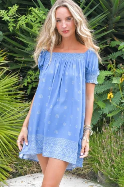- Zayli Mini Dress: Lace Trim Neckline Shift Dress with Short Puff Sleeves in Azure Sky Print><noscript><img width=