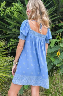 - Zayli Mini Dress: Lace Trim Neckline Shift Dress with Short Puff Sleeves in Azure Sky Print><noscript><img width=