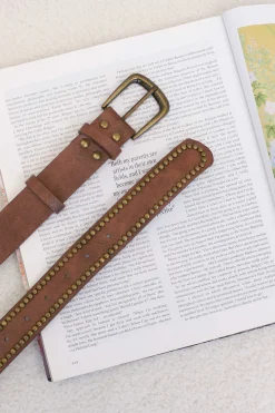 Jace PU Leather Gold Buckle Studded Belt - Brown>Salty Crush