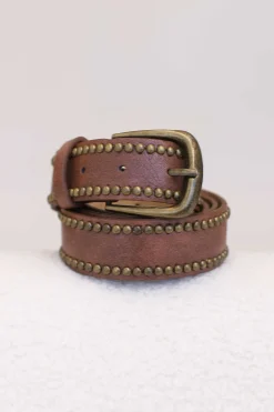 Jace PU Leather Gold Buckle Studded Belt - Brown>Salty Crush
