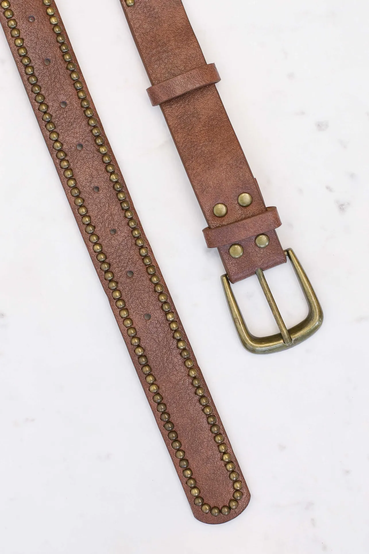 Jace PU Leather Gold Buckle Studded Belt - Brown>Salty Crush
