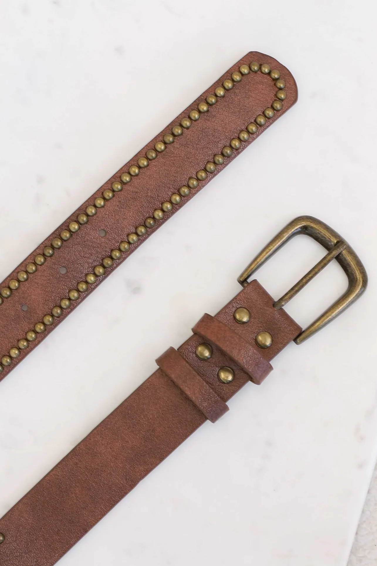 Jace PU Leather Gold Buckle Studded Belt - Brown>Salty Crush