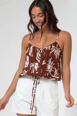 Jade Crop Top - V-Neck Button Down Pull Tie Waist Crop in Stassie Print Brown><noscript><img width=