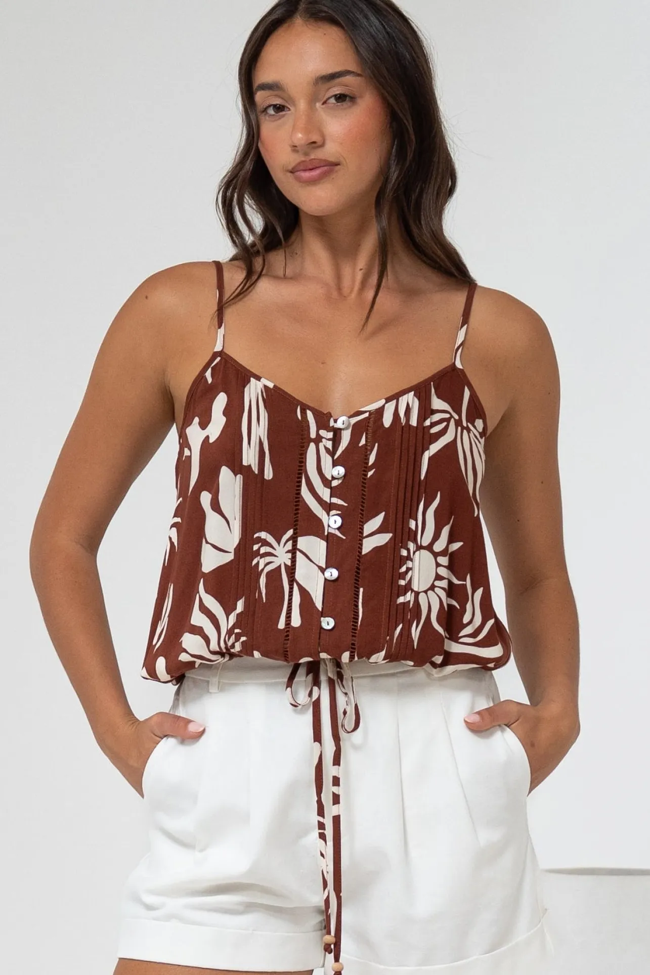 Jade Crop Top - V-Neck Button Down Pull Tie Waist Crop in Stassie Print Brown>Salty Crush Discount