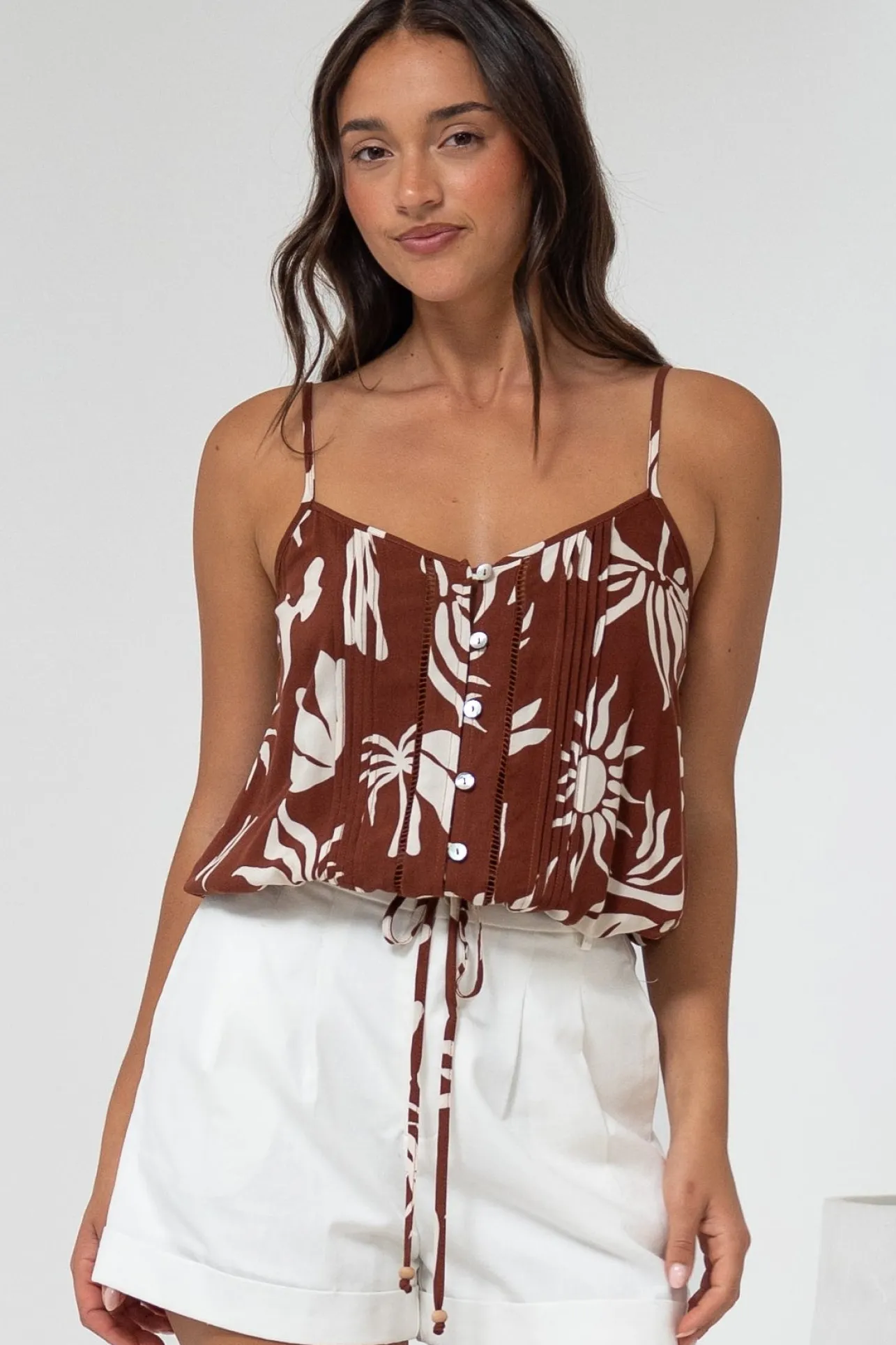 Jade Crop Top - V-Neck Button Down Pull Tie Waist Crop in Stassie Print Brown>Salty Crush Discount