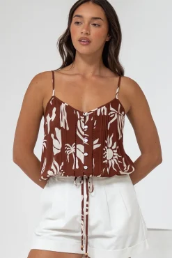 Jade Crop Top - V-Neck Button Down Pull Tie Waist Crop in Stassie Print Brown><noscript><img width=