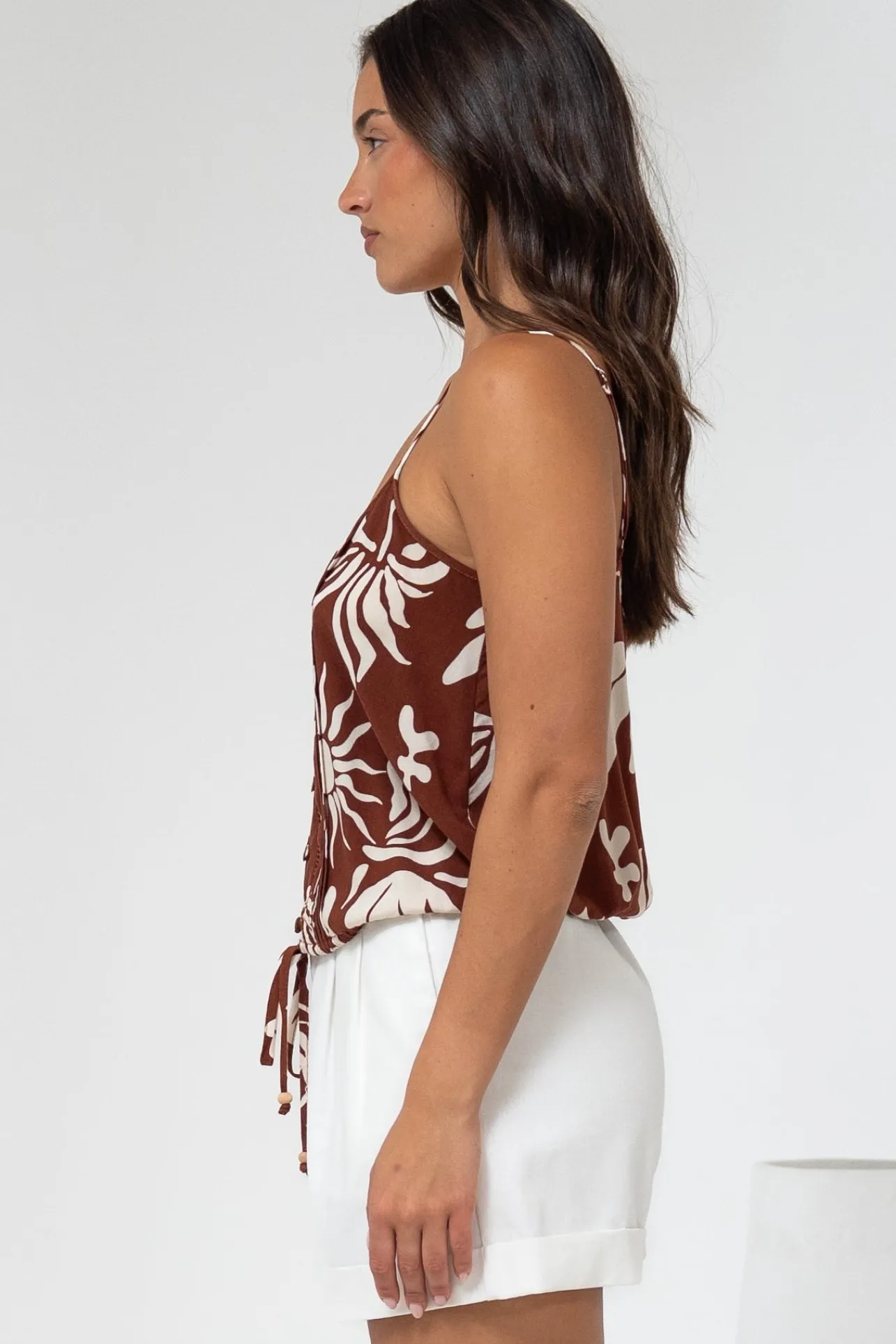 Jade Crop Top - V-Neck Button Down Pull Tie Waist Crop in Stassie Print Brown>Salty Crush Discount
