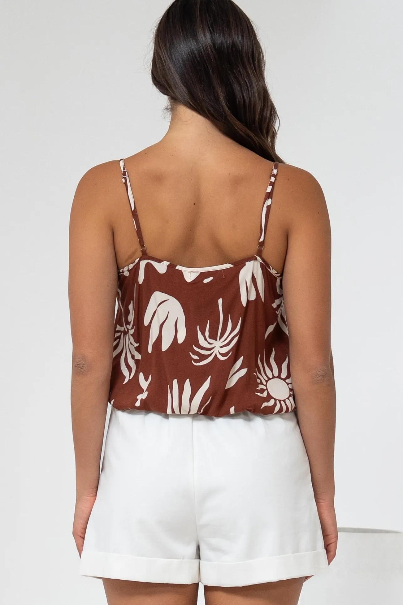 Jade Crop Top - V-Neck Button Down Pull Tie Waist Crop in Stassie Print Brown>Salty Crush Discount