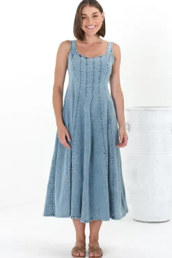 Jadely Midi Dress - Adjustable Strap A-Line Denim Sun Dress in Light Denim>Salty Crush Best