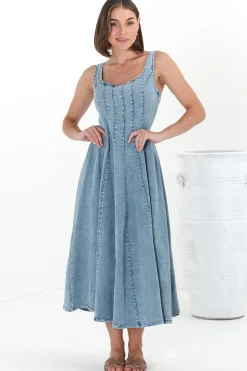 Jadely Midi Dress - Adjustable Strap A-Line Denim Sun Dress in Light Denim><noscript><img width=