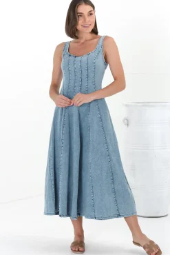 Jadely Midi Dress - Adjustable Strap A-Line Denim Sun Dress in Light Denim><noscript><img width=