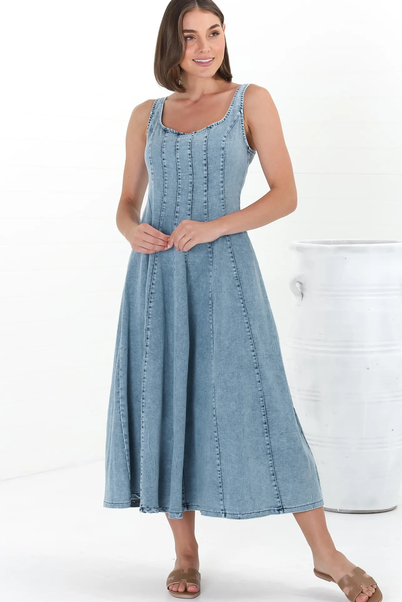 Jadely Midi Dress - Adjustable Strap A-Line Denim Sun Dress in Light Denim>Salty Crush Best