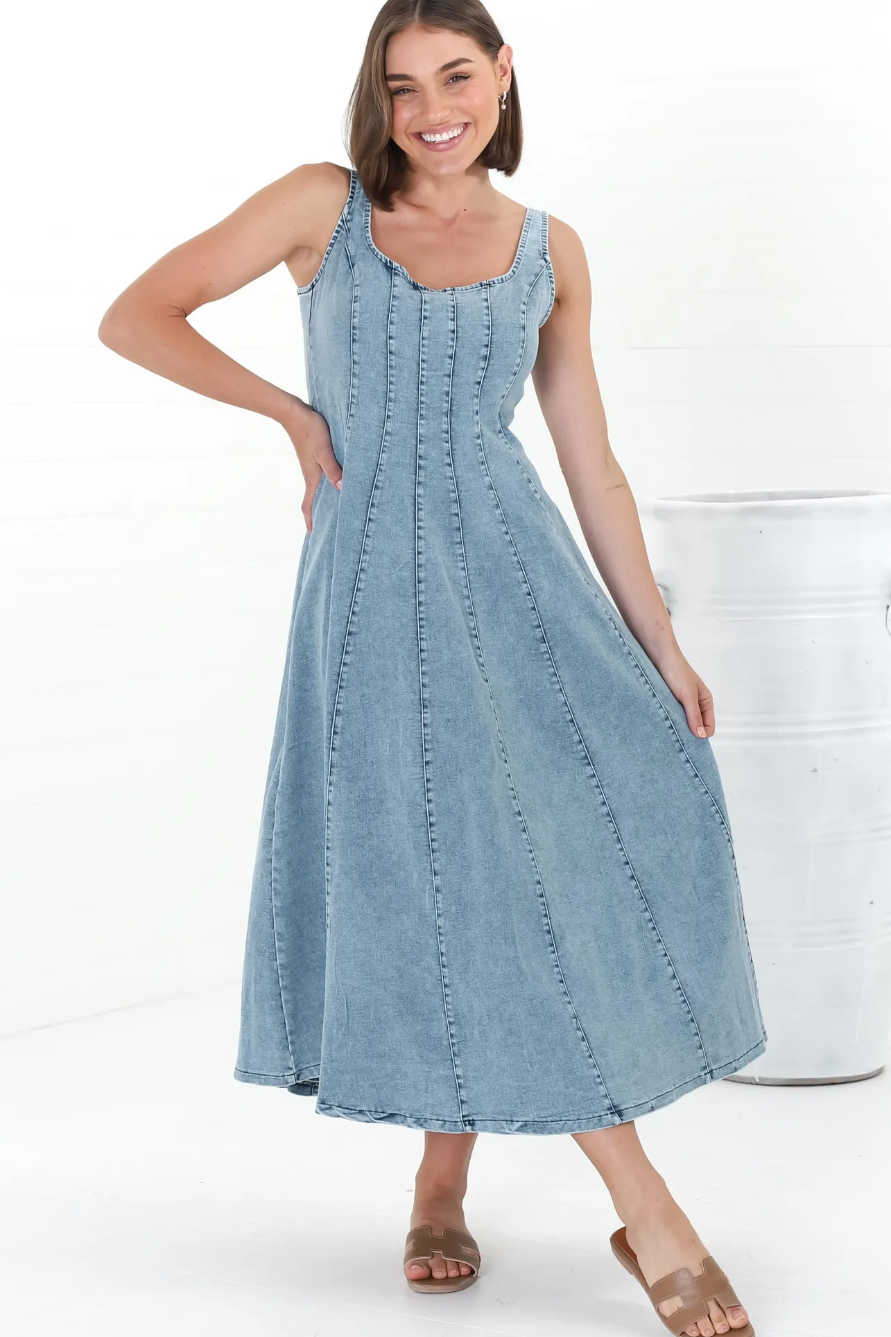 Jadely Midi Dress - Adjustable Strap A-Line Denim Sun Dress in Light Denim>Salty Crush Best