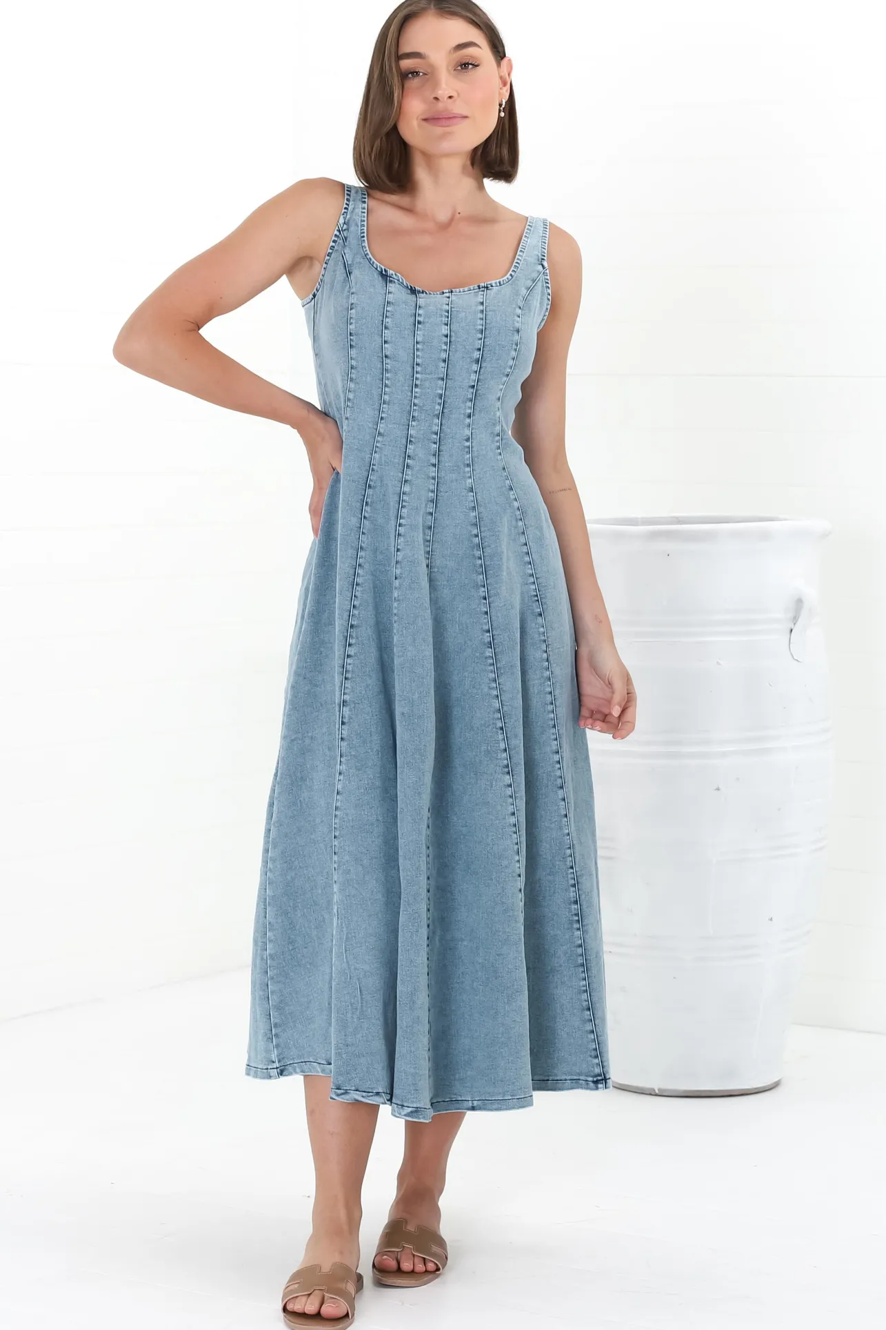 Jadely Midi Dress - Adjustable Strap A-Line Denim Sun Dress in Light Denim>Salty Crush Best